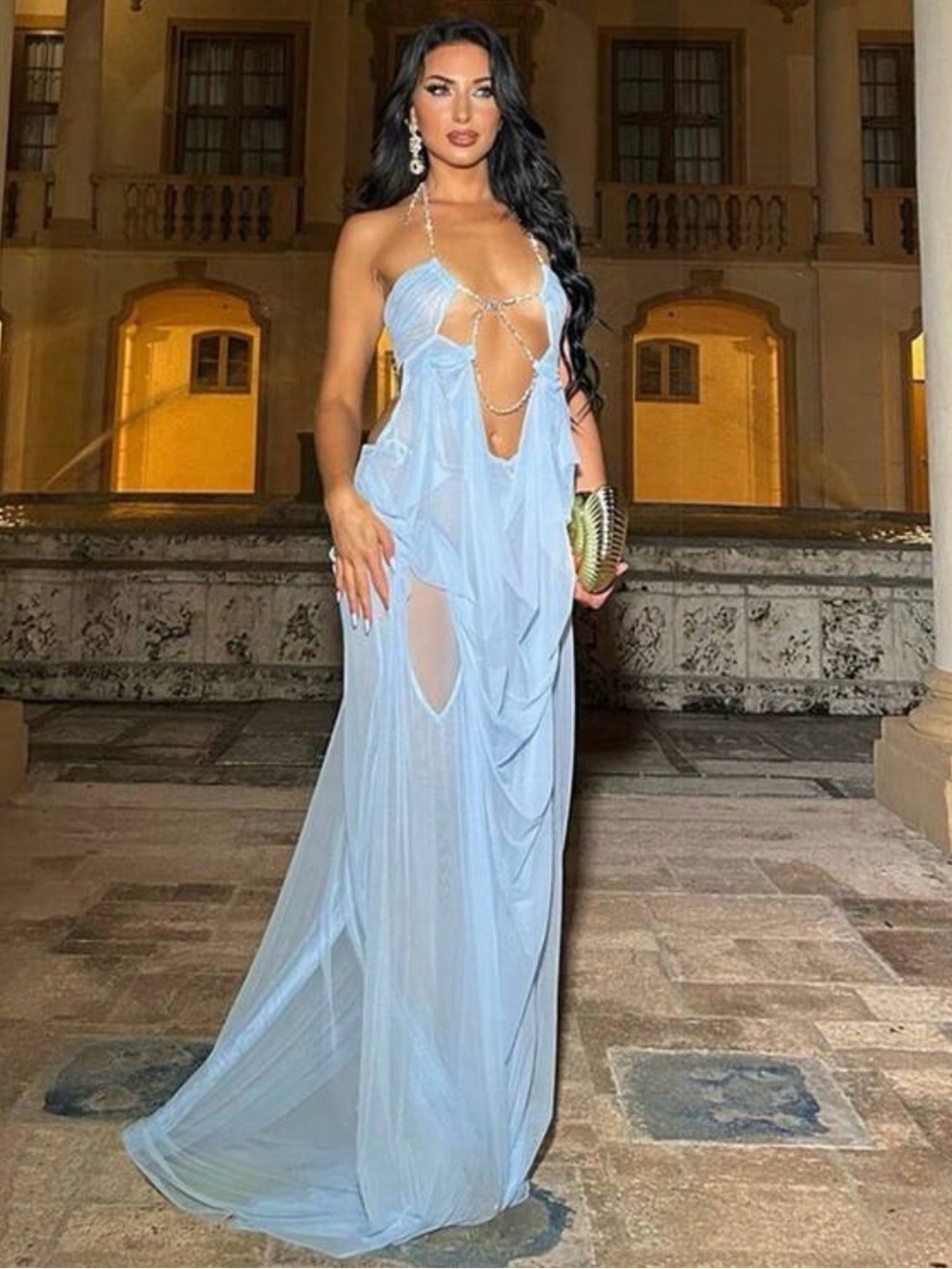 Elegant Light Blue Sheer Evening Gown with Chain Detail